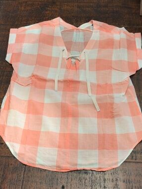 Eddie Bauer Peach & White Gingham Lace-Up Blouse